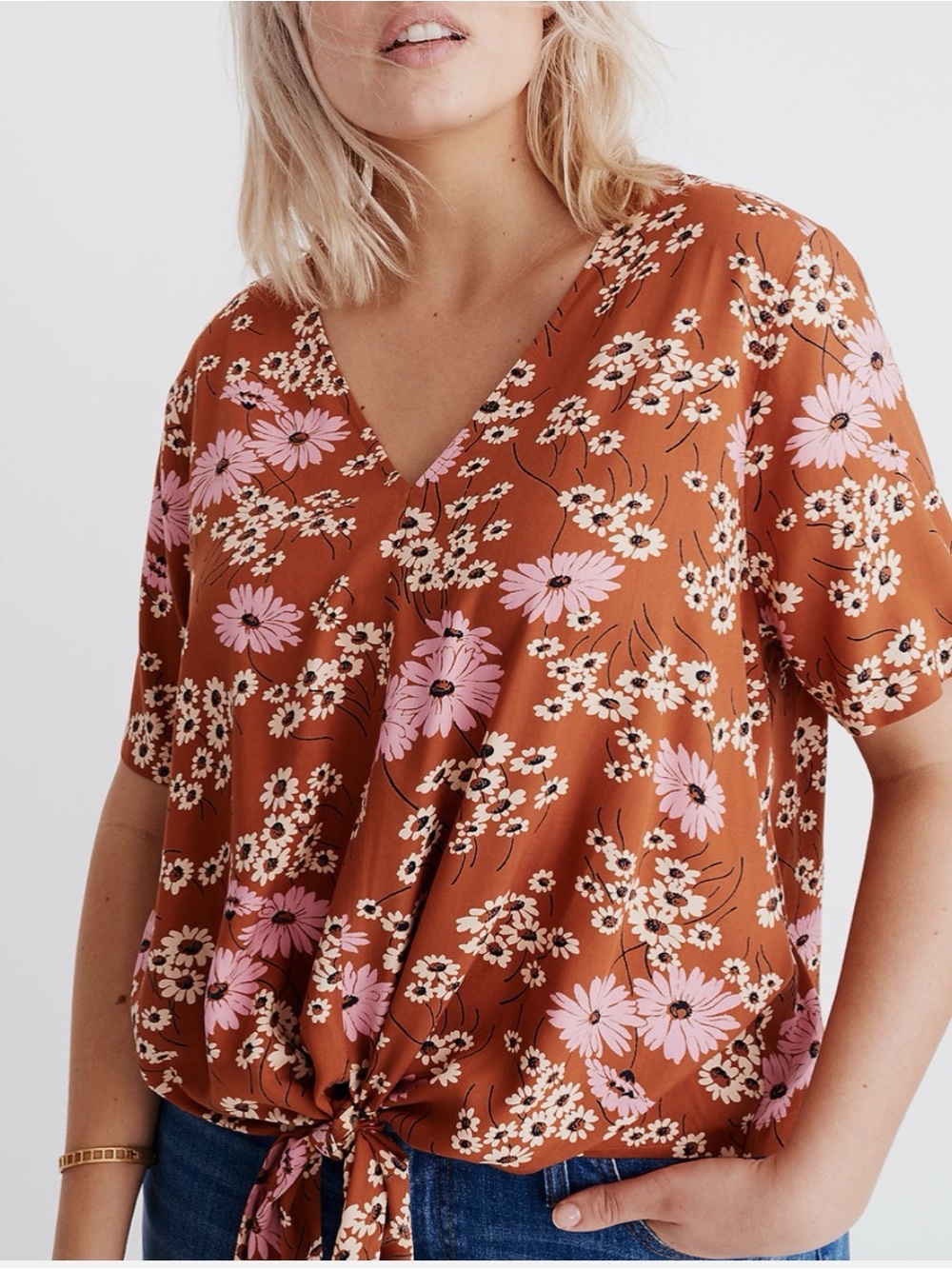 MADEWELL MULTICOLOR HILLSIDE DAISIES SHORT SLEEVE NOVEL TIE-FRONT TOP